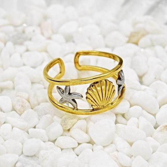 Ocean Inspired Shell and Starfish Gold Cuff Band - Picture 1 of 5